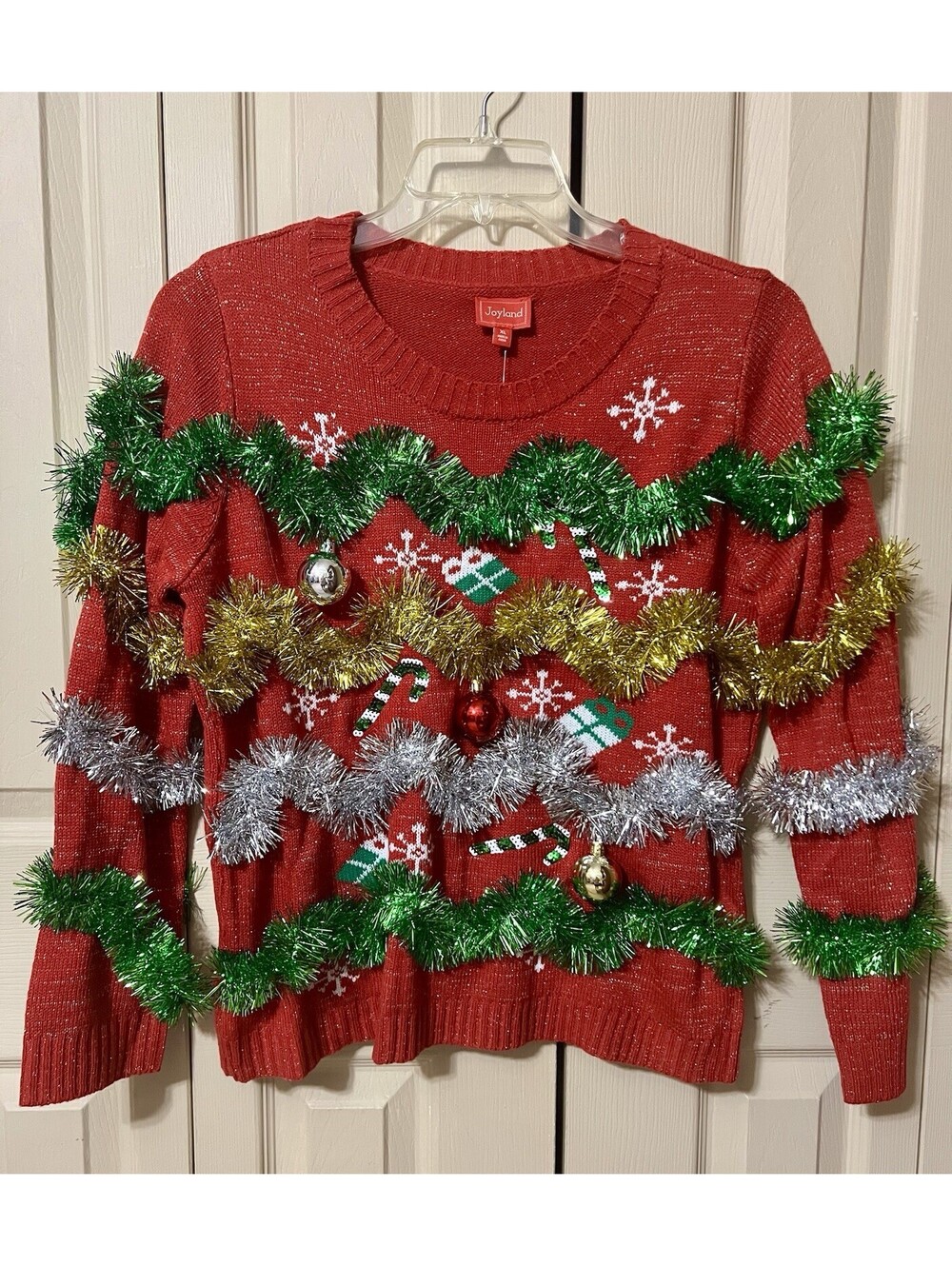 NWT Joyland Ugly Christmas Sweater Ornaments Hanging Tinsel Size Medium